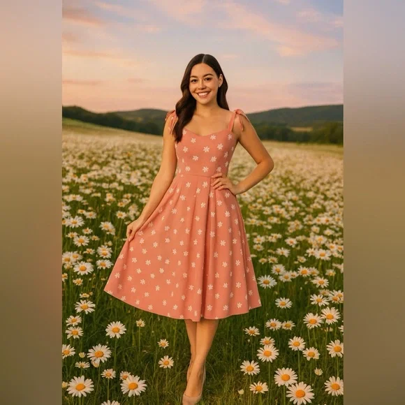 Unique Vintage 50s Prairie Daisy Swing Dress in Powder Pink, Size Large, NWT! - Picture 15 of 16